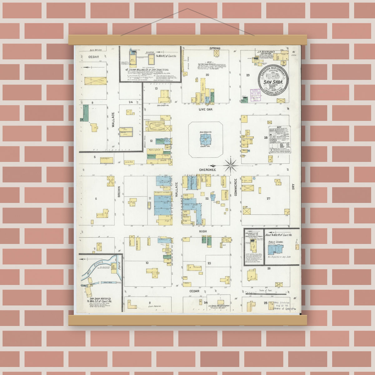 Old map wall art mockup — magnetic wood frame on brick wall — Sanborn Fire Insurance Map from San Saba, San Saba County, Texas (1902), Sheet #0001