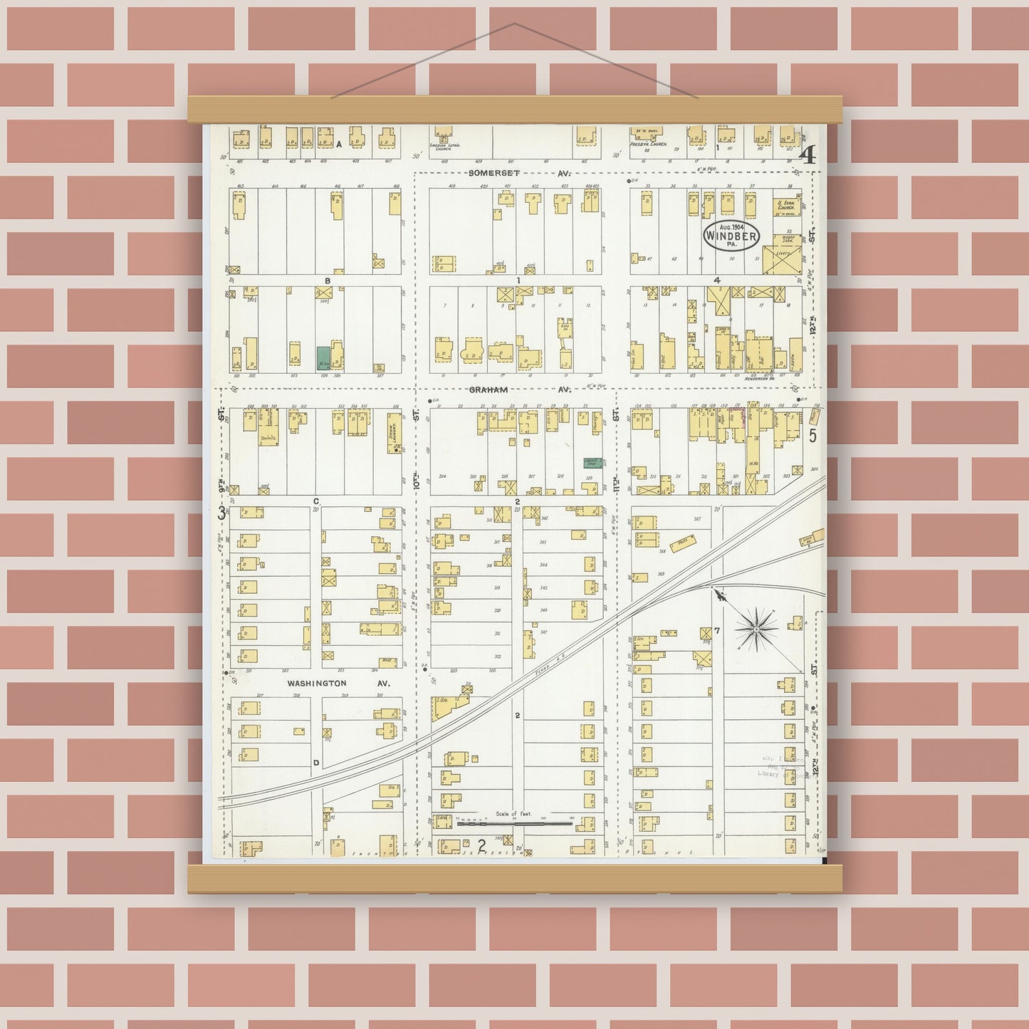 Old map wall art mockup — magnetic wood frame on brick wall — Sanborn Fire Insurance Map from Windber, Somerset County, Pennsylvania (1904), Sheet #0004