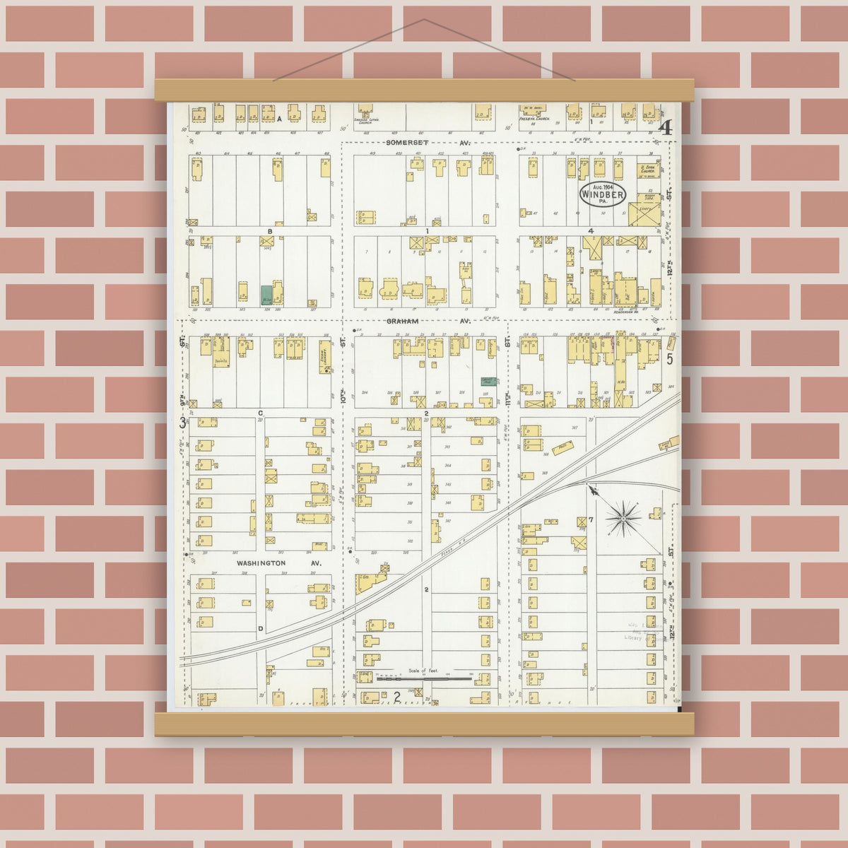 Old map wall art mockup — magnetic wood frame on brick wall — Sanborn Fire Insurance Map from Windber, Somerset County, Pennsylvania (1904), Sheet #0004
