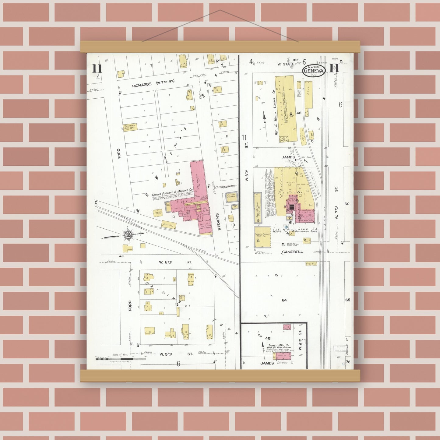 Old map wall art mockup — magnetic wood frame on brick wall — Sanborn Fire Insurance Map from Geneva, Kane County, Illinois (1923), Sheet #0011