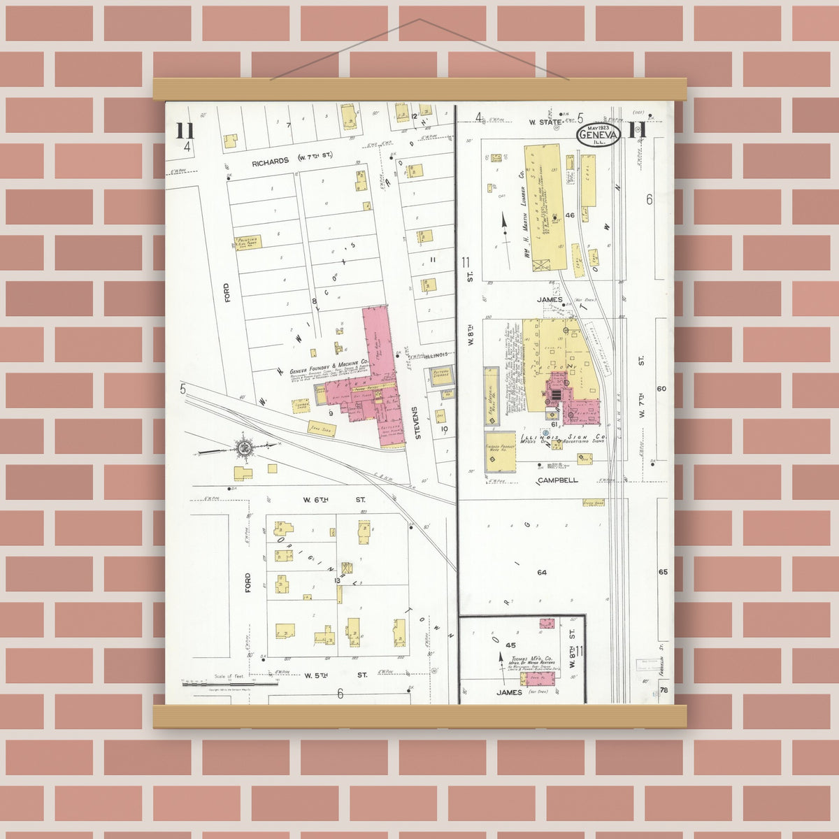 Old map wall art mockup — magnetic wood frame on brick wall — Sanborn Fire Insurance Map from Geneva, Kane County, Illinois (1923), Sheet #0011