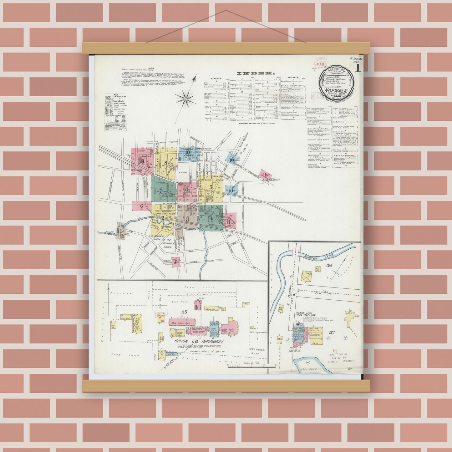 Old map wall art mockup — magnetic wood frame on brick wall — Sanborn Fire Insurance Map from Norwalk, Huron County, Ohio (1893) - Complete Map Set