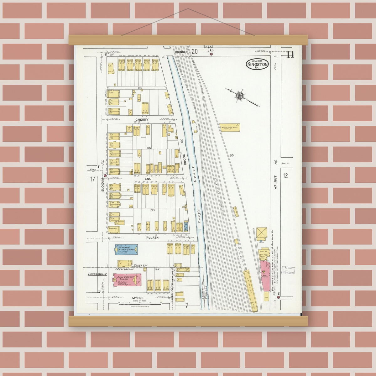 Old map wall art mockup — magnetic wood frame on brick wall — Sanborn Fire Insurance Map from Kingston, Luzerne County, Pennsylvania (1919), Sheet #0011