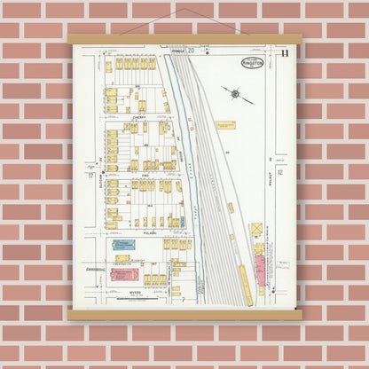 Old map wall art mockup — magnetic wood frame on brick wall — Sanborn Fire Insurance Map from Kingston, Luzerne County, Pennsylvania (1919), Sheet #0011