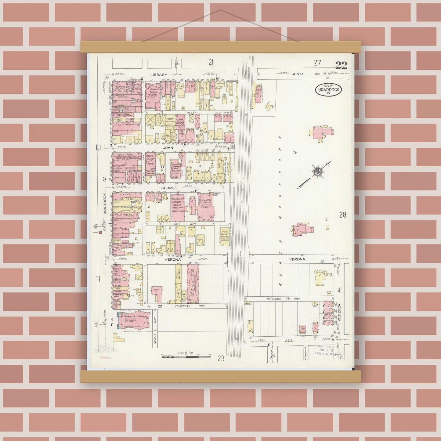 Old map wall art mockup — magnetic wood frame on brick wall — Sanborn Fire Insurance Map from Braddock, Allegheny County, Pennsylvania (1914), Sheet #0022