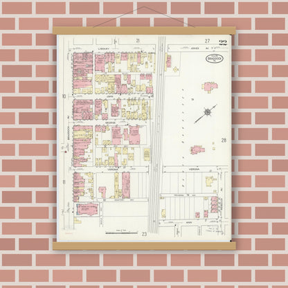 Old map wall art mockup — magnetic wood frame on brick wall — Sanborn Fire Insurance Map from Braddock, Allegheny County, Pennsylvania (1914), Sheet #0022