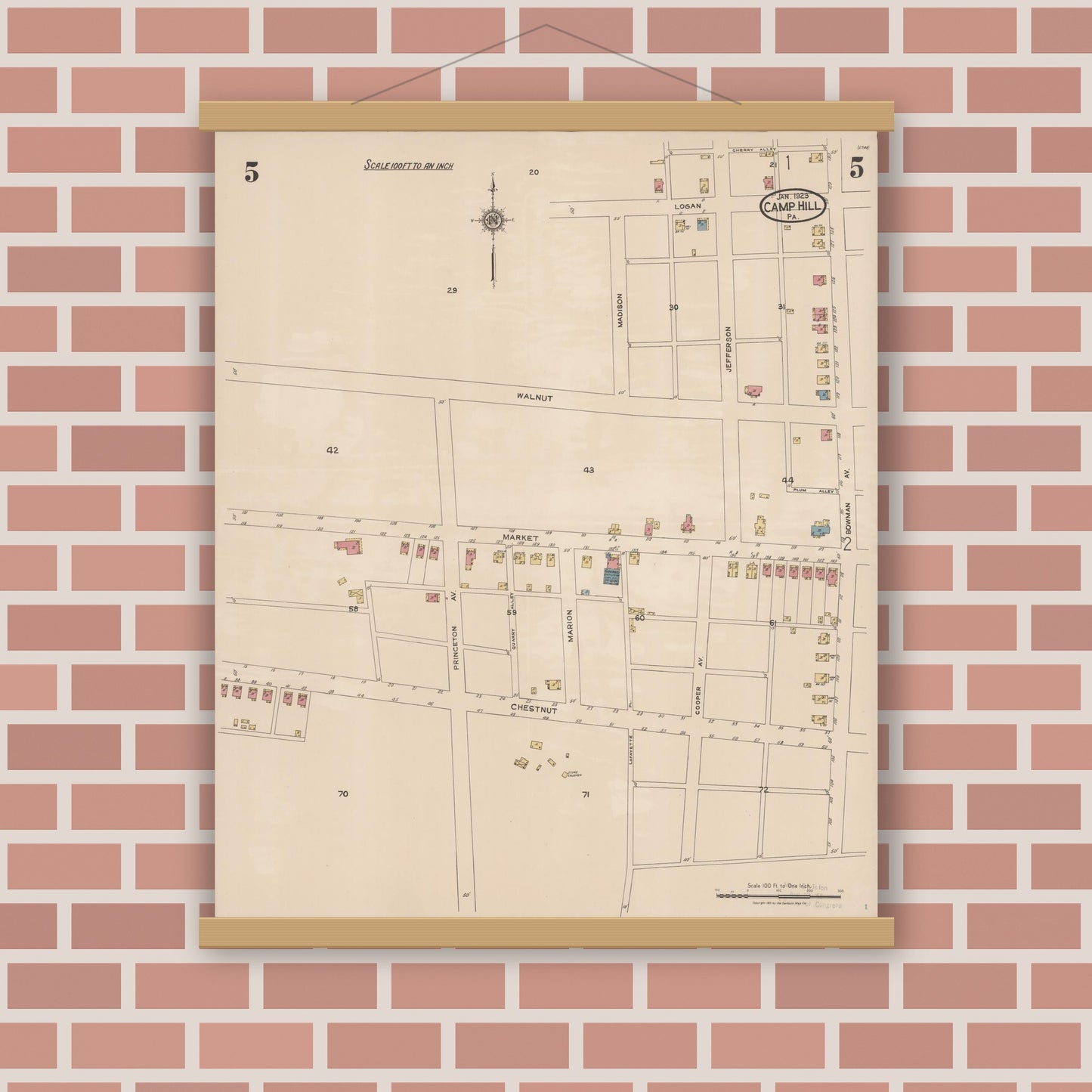 Old map wall art mockup — magnetic wood frame on brick wall — Sanborn Fire Insurance Map from Camp Hill, Cumberland County, Pennsylvania (1923), Sheet #0005
