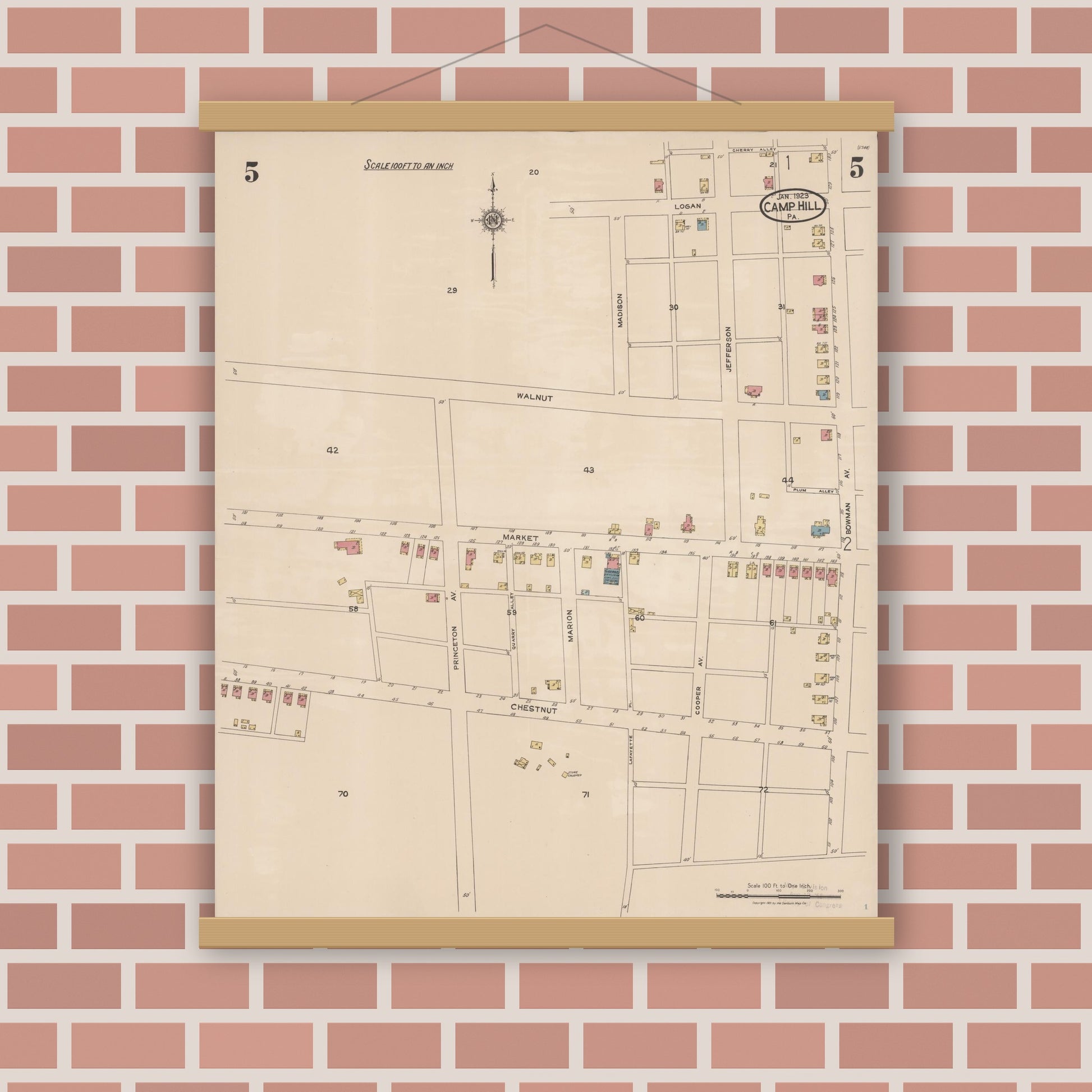 Old map wall art mockup — magnetic wood frame on brick wall — Sanborn Fire Insurance Map from Camp Hill, Cumberland County, Pennsylvania (1923), Sheet #0005