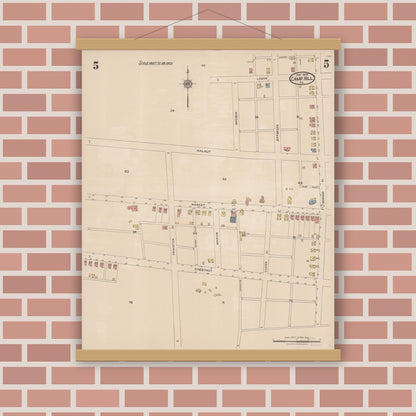 Old map wall art mockup — magnetic wood frame on brick wall — Sanborn Fire Insurance Map from Camp Hill, Cumberland County, Pennsylvania (1923), Sheet #0005