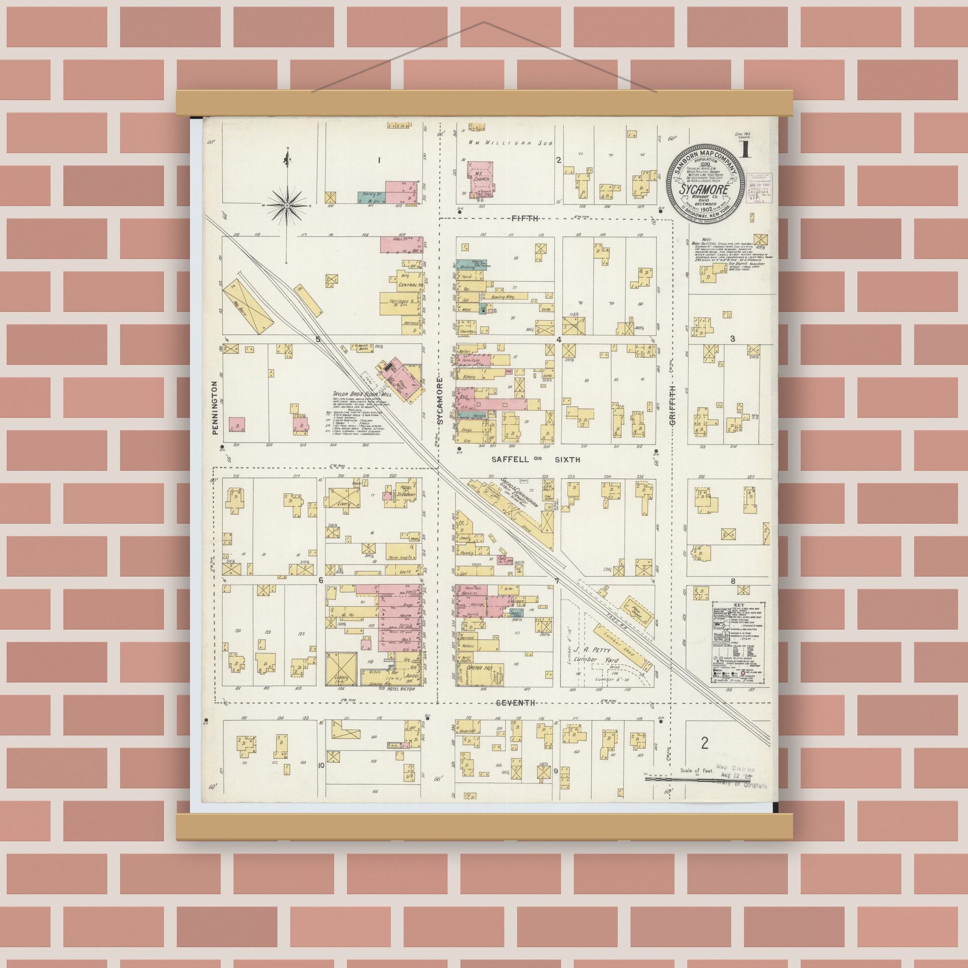 Old map wall art mockup — magnetic wood frame on brick wall — Sanborn Fire Insurance Map from Sycamore, Wyandot County, Ohio (1902), Sheet #0001