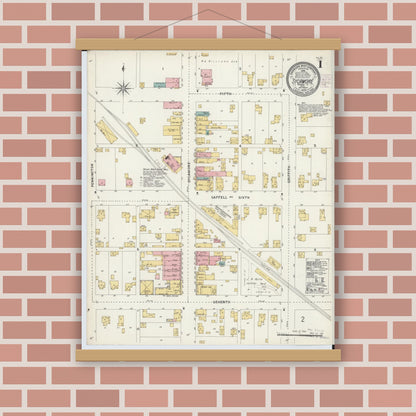 Old map wall art mockup — magnetic wood frame on brick wall — Sanborn Fire Insurance Map from Sycamore, Wyandot County, Ohio (1902), Sheet #0001