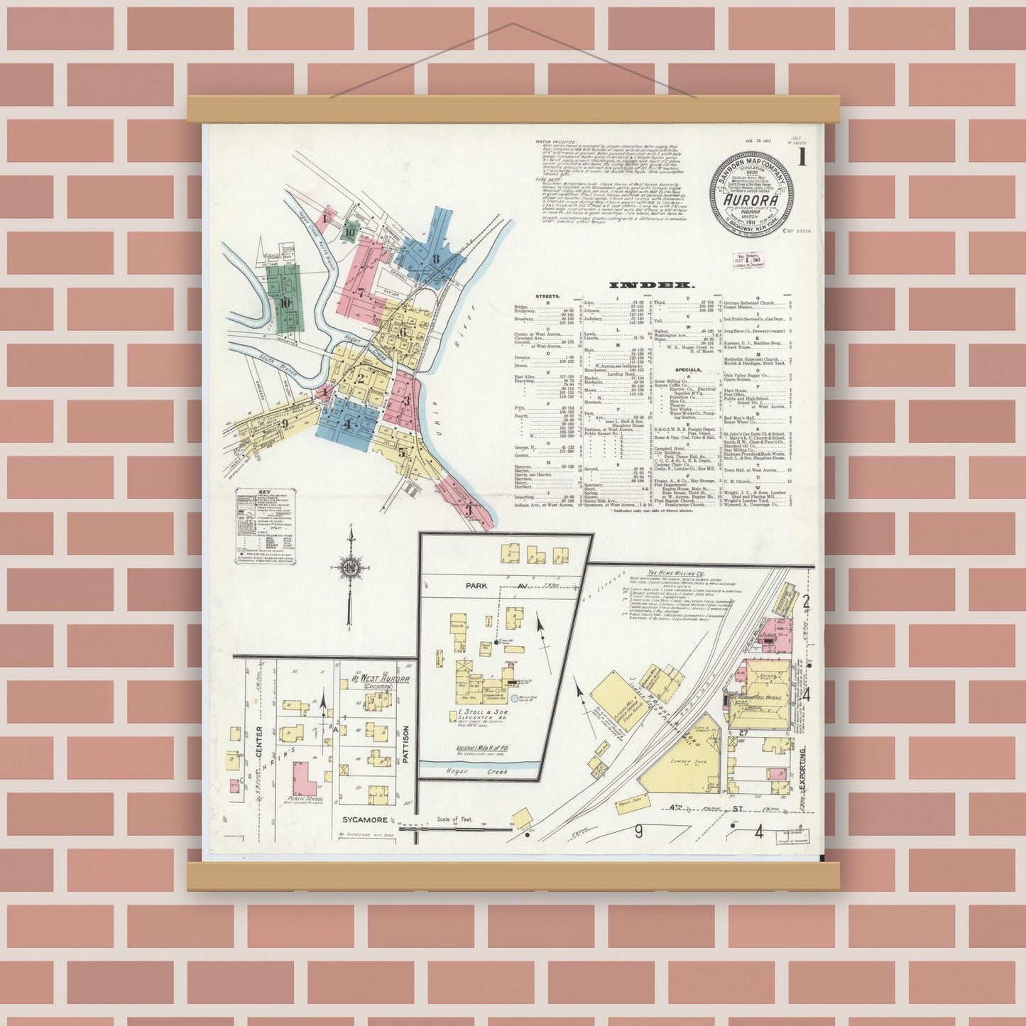 Old map wall art mockup — magnetic wood frame on brick wall — Sanborn Fire Insurance Map from Aurora, Dearborn County, Indiana (1911), Sheet #0001