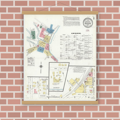Old map wall art mockup — magnetic wood frame on brick wall — Sanborn Fire Insurance Map from Aurora, Dearborn County, Indiana (1911), Sheet #0001