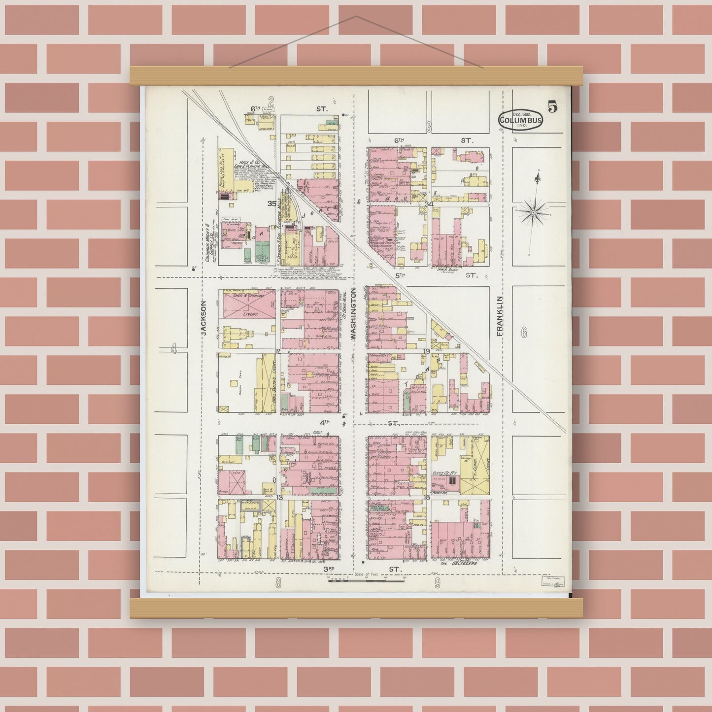 Old map wall art mockup — magnetic wood frame on brick wall — Sanborn Fire Insurance Map from Columbus, Bartholomew County, Indiana (1892), Sheet #0005