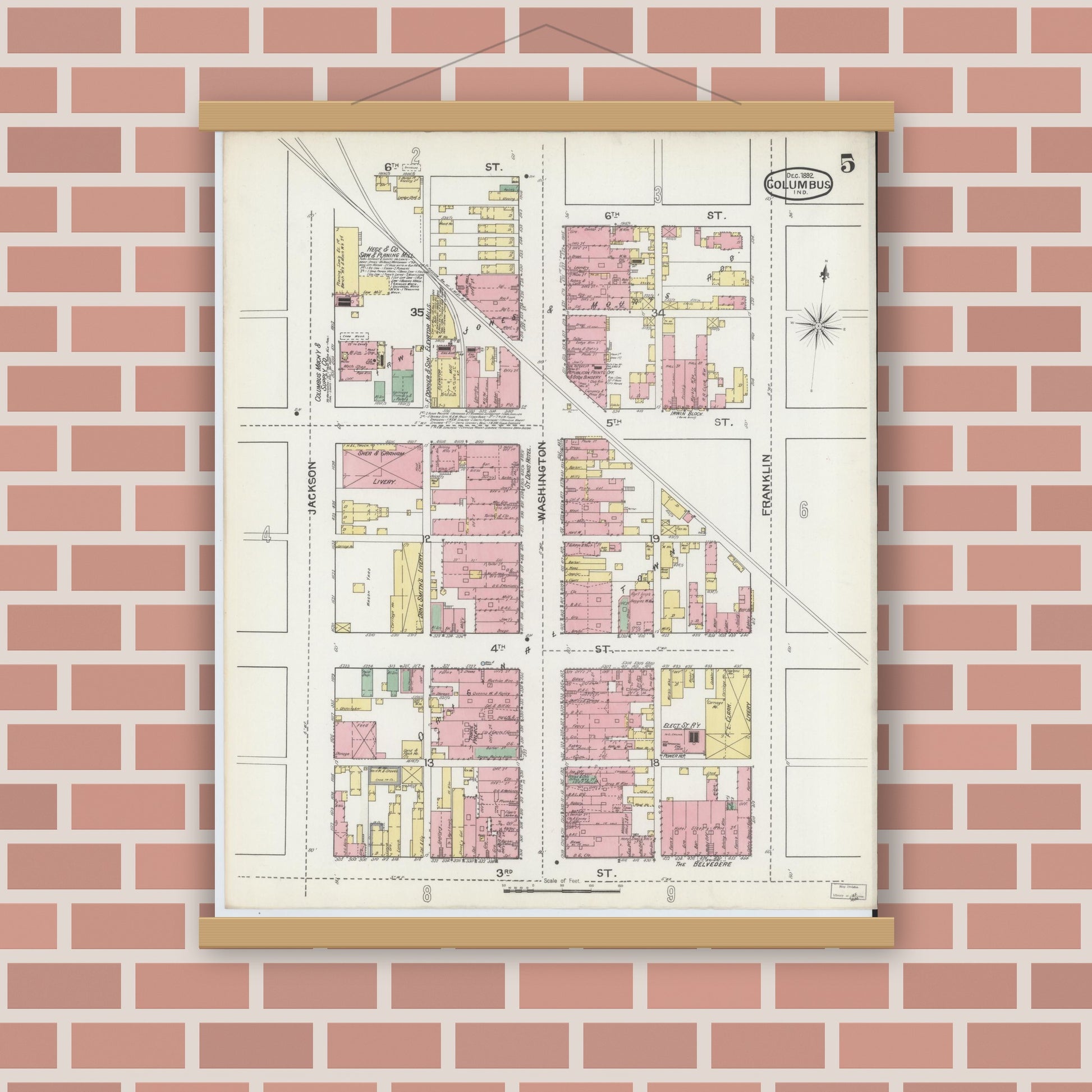Old map wall art mockup — magnetic wood frame on brick wall — Sanborn Fire Insurance Map from Columbus, Bartholomew County, Indiana (1892), Sheet #0005