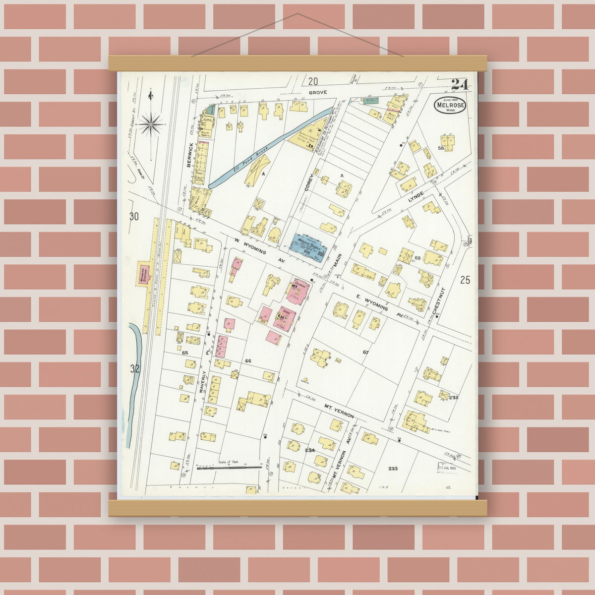Old map wall art mockup — magnetic wood frame on brick wall — Sanborn Fire Insurance Map from Melrose, Middlesex County, Massachusetts (1909), Sheet #0024