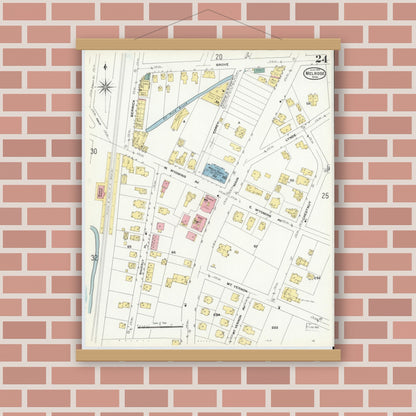 Old map wall art mockup — magnetic wood frame on brick wall — Sanborn Fire Insurance Map from Melrose, Middlesex County, Massachusetts (1909), Sheet #0024