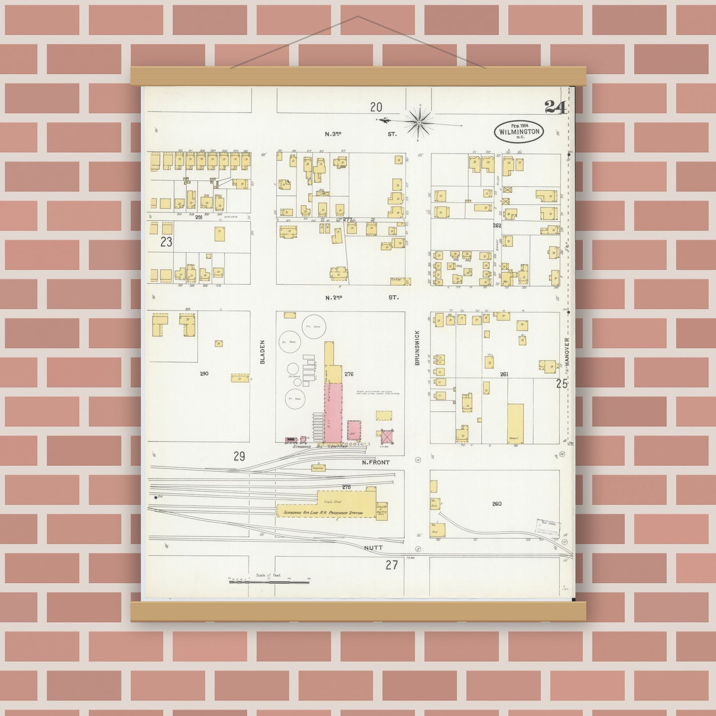 Old map wall art mockup — magnetic wood frame on brick wall — Sanborn Fire Insurance Map from Wilmington, New Hanover County, North Carolina (1904), Sheet #0024