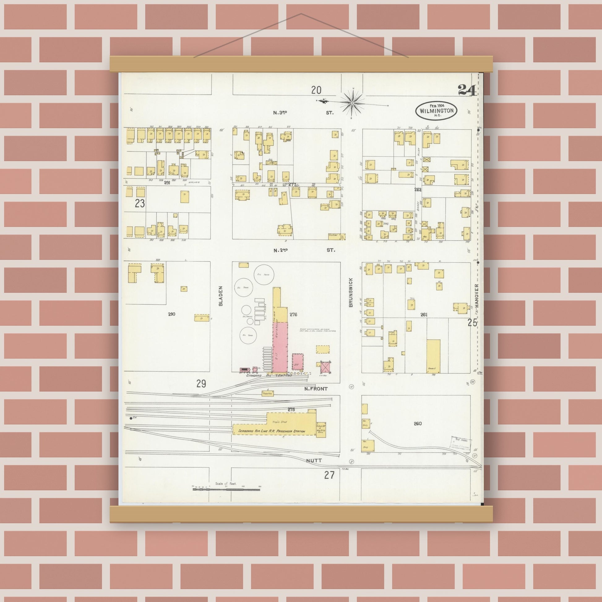 Old map wall art mockup — magnetic wood frame on brick wall — Sanborn Fire Insurance Map from Wilmington, New Hanover County, North Carolina (1904), Sheet #0024