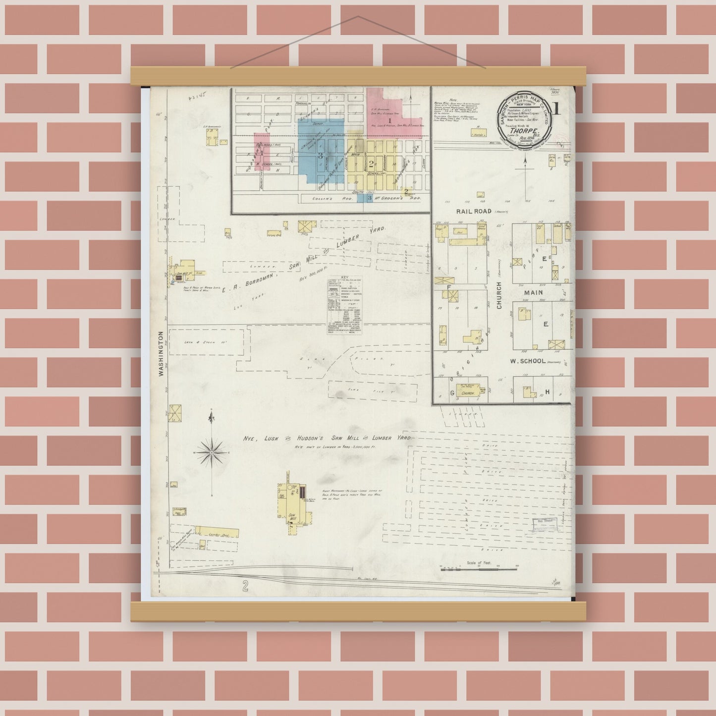 Old map wall art mockup — magnetic wood frame on brick wall — Sanborn Fire Insurance Map from Thorpe, Clark County, Wisconsin (1894), Sheet #0001