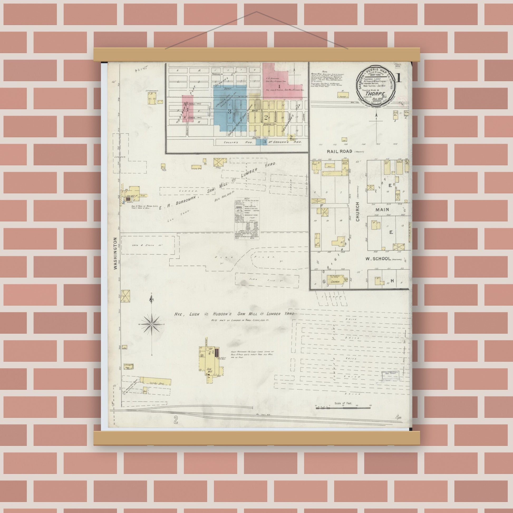 Old map wall art mockup — magnetic wood frame on brick wall — Sanborn Fire Insurance Map from Thorpe, Clark County, Wisconsin (1894), Sheet #0001
