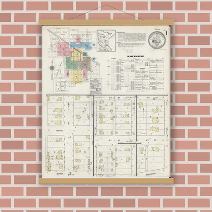 Old map wall art mockup — magnetic wood frame on brick wall — Sanborn Fire Insurance Map from Wells, Faribault County, Minnesota (1914), Sheet #0001