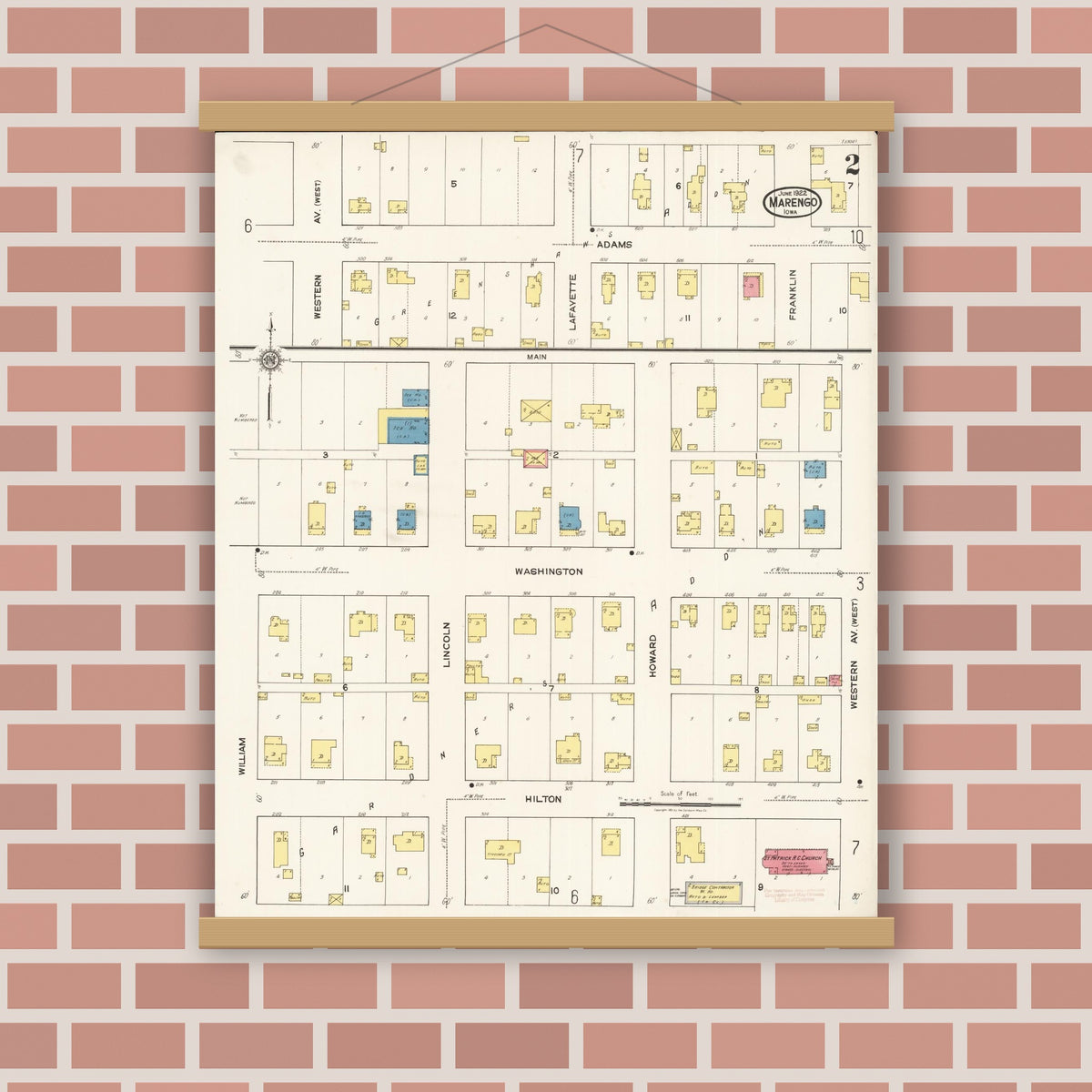 Old map wall art mockup — magnetic wood frame on brick wall — Sanborn Fire Insurance Map from Marengo, Iowa County, Iowa (1922), Sheet #0002