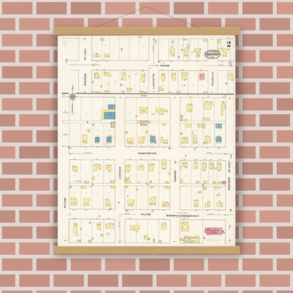 Old map wall art mockup — magnetic wood frame on brick wall — Sanborn Fire Insurance Map from Marengo, Iowa County, Iowa (1922), Sheet #0002
