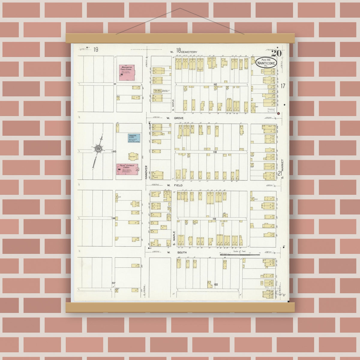 Old map wall art mockup — magnetic wood frame on brick wall — Sanborn Fire Insurance Map from Nanticoke, Luzerne County, Pennsylvania (1912), Sheet #0020