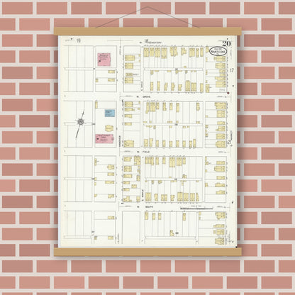 Old map wall art mockup — magnetic wood frame on brick wall — Sanborn Fire Insurance Map from Nanticoke, Luzerne County, Pennsylvania (1912), Sheet #0020