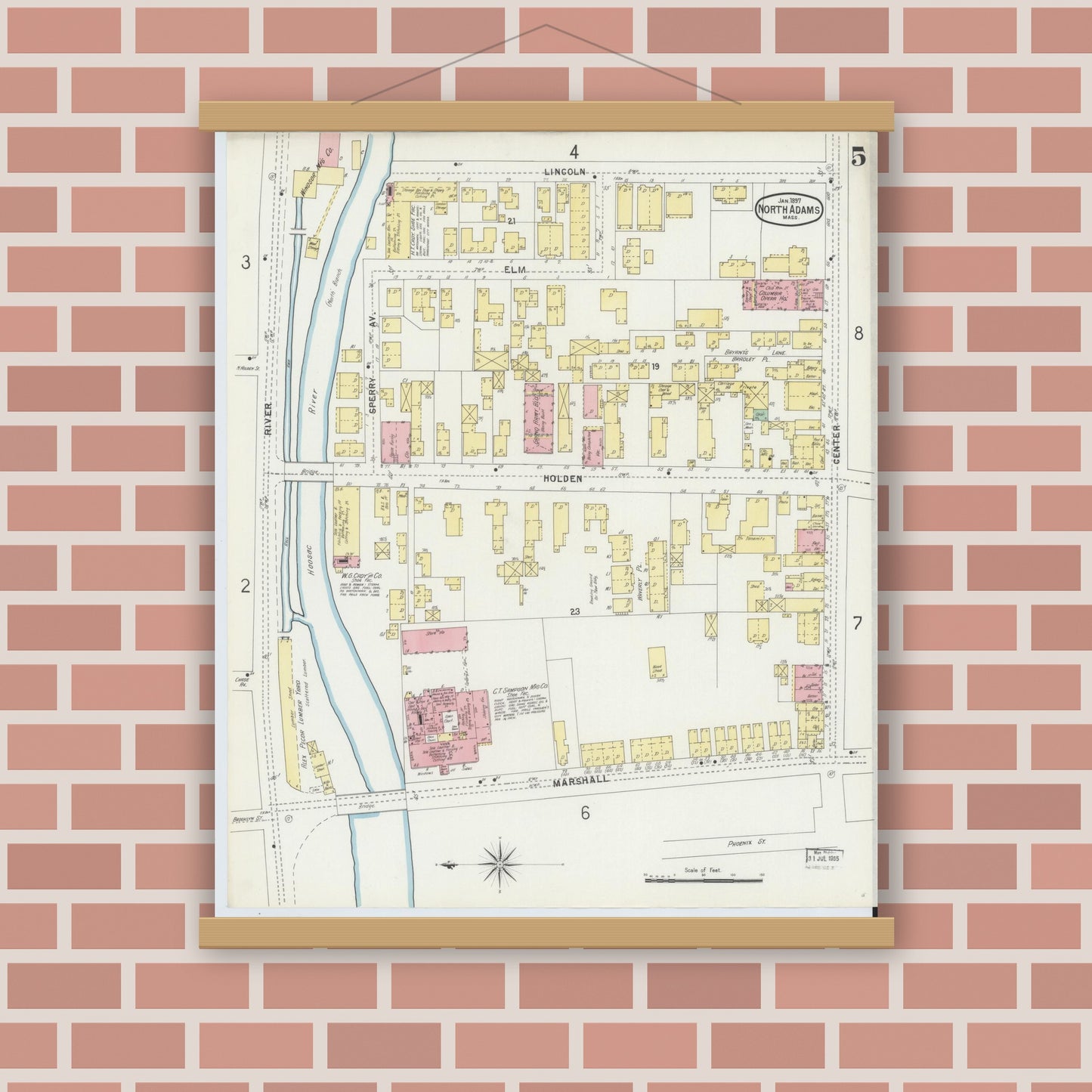 Old map wall art mockup — magnetic wood frame on brick wall — Sanborn Fire Insurance Map from North Adams, Berkshire County, Massachusetts (1897), Sheet #0005