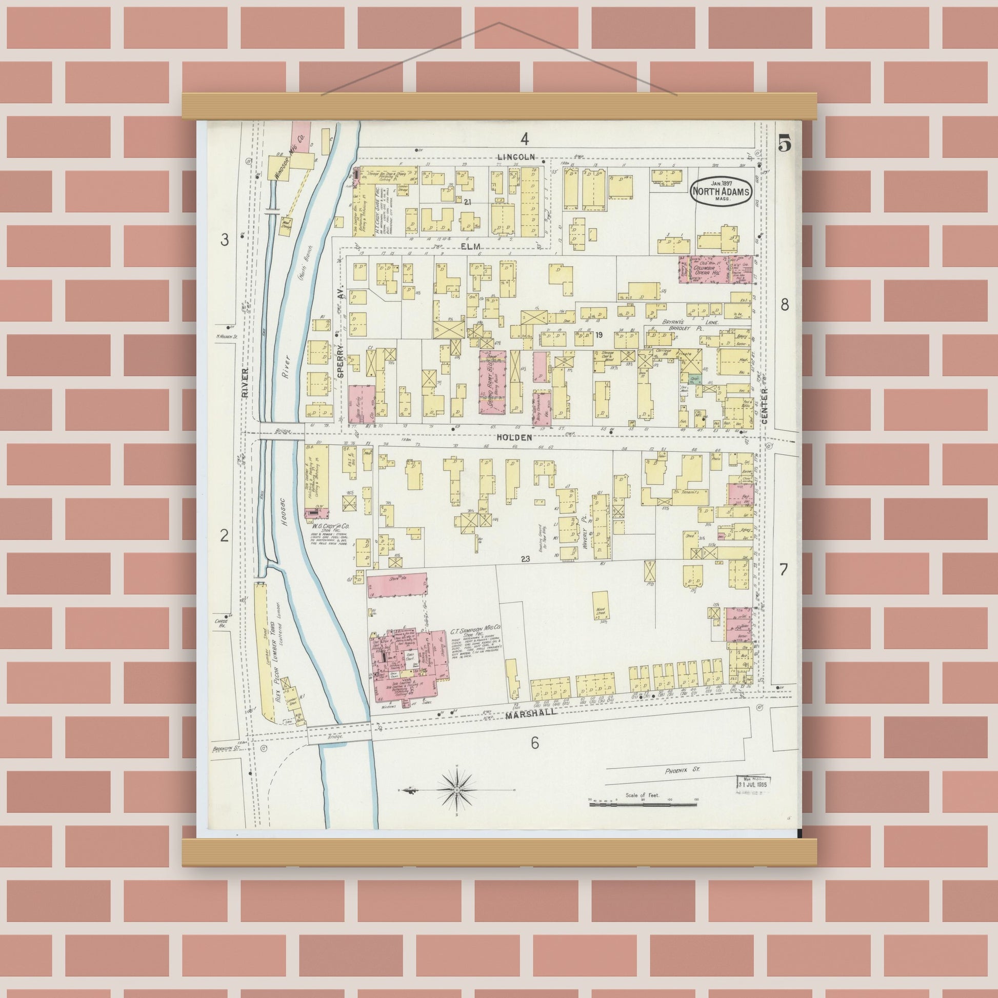 Old map wall art mockup — magnetic wood frame on brick wall — Sanborn Fire Insurance Map from North Adams, Berkshire County, Massachusetts (1897), Sheet #0005