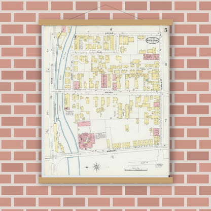 Old map wall art mockup — magnetic wood frame on brick wall — Sanborn Fire Insurance Map from North Adams, Berkshire County, Massachusetts (1897), Sheet #0005
