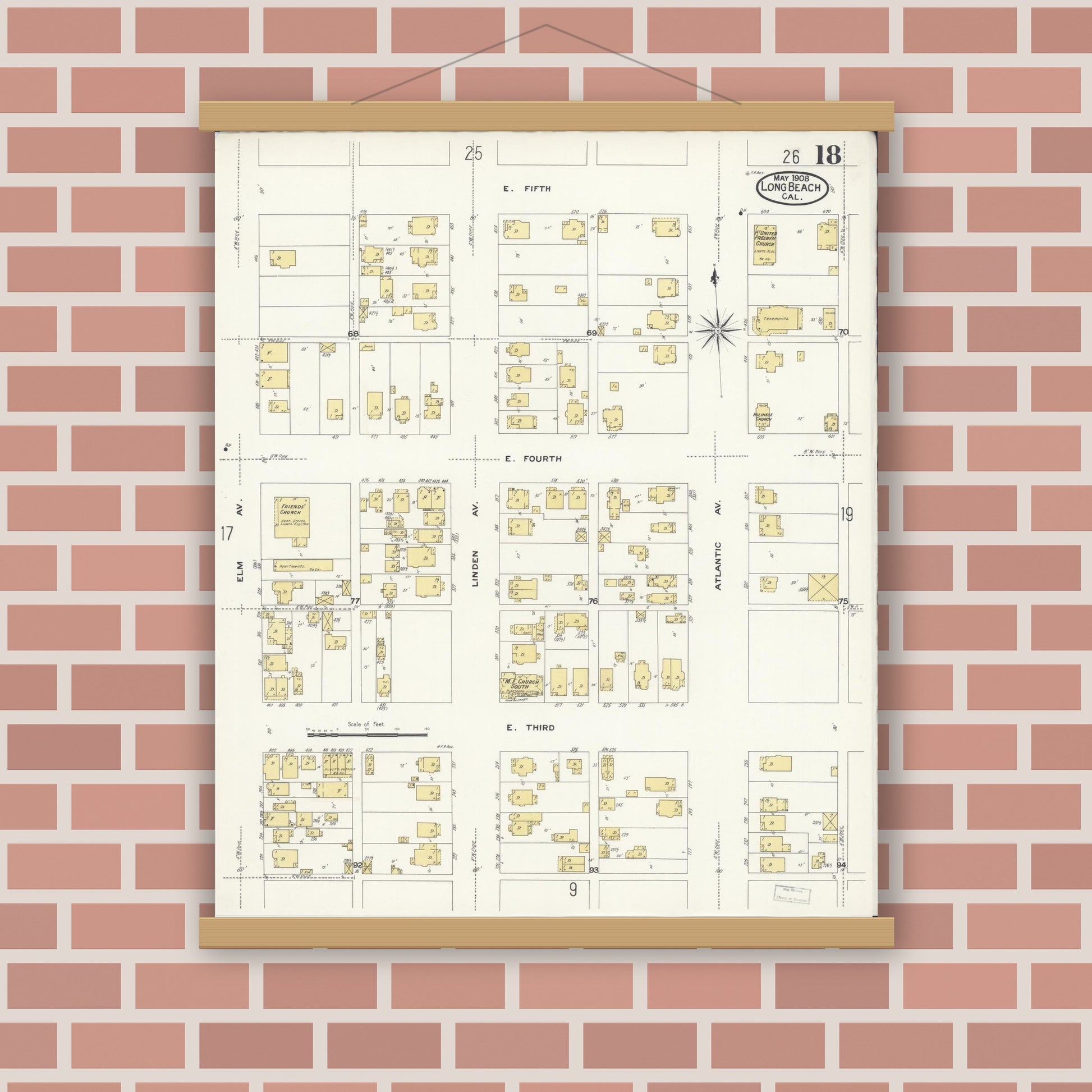Old map wall art mockup — magnetic wood frame on brick wall — Sanborn Fire Insurance Map from Long Beach, Los Angeles County, California (1908), Sheet #0018