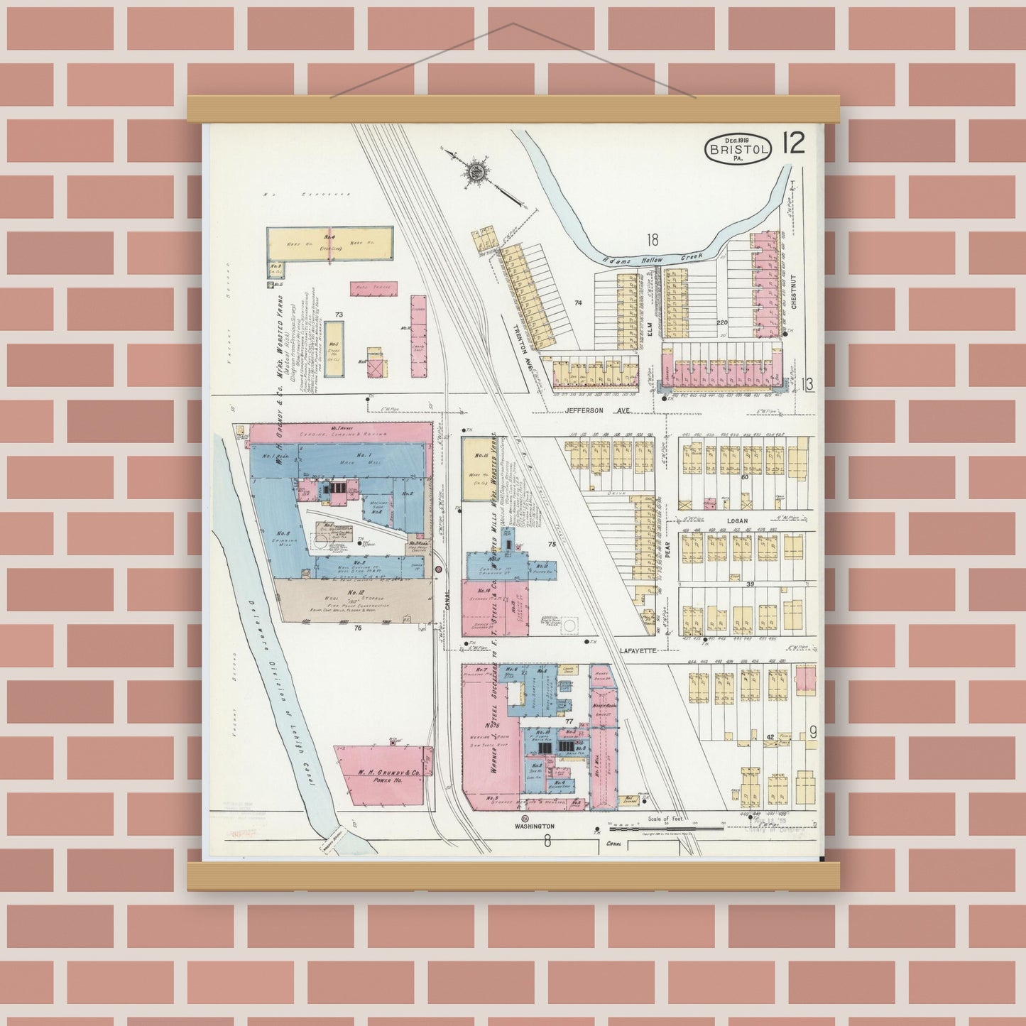 Old map wall art mockup — magnetic wood frame on brick wall — Sanborn Fire Insurance Map from Bristol, Bucks County, Pennsylvania (1927), Sheet #0012