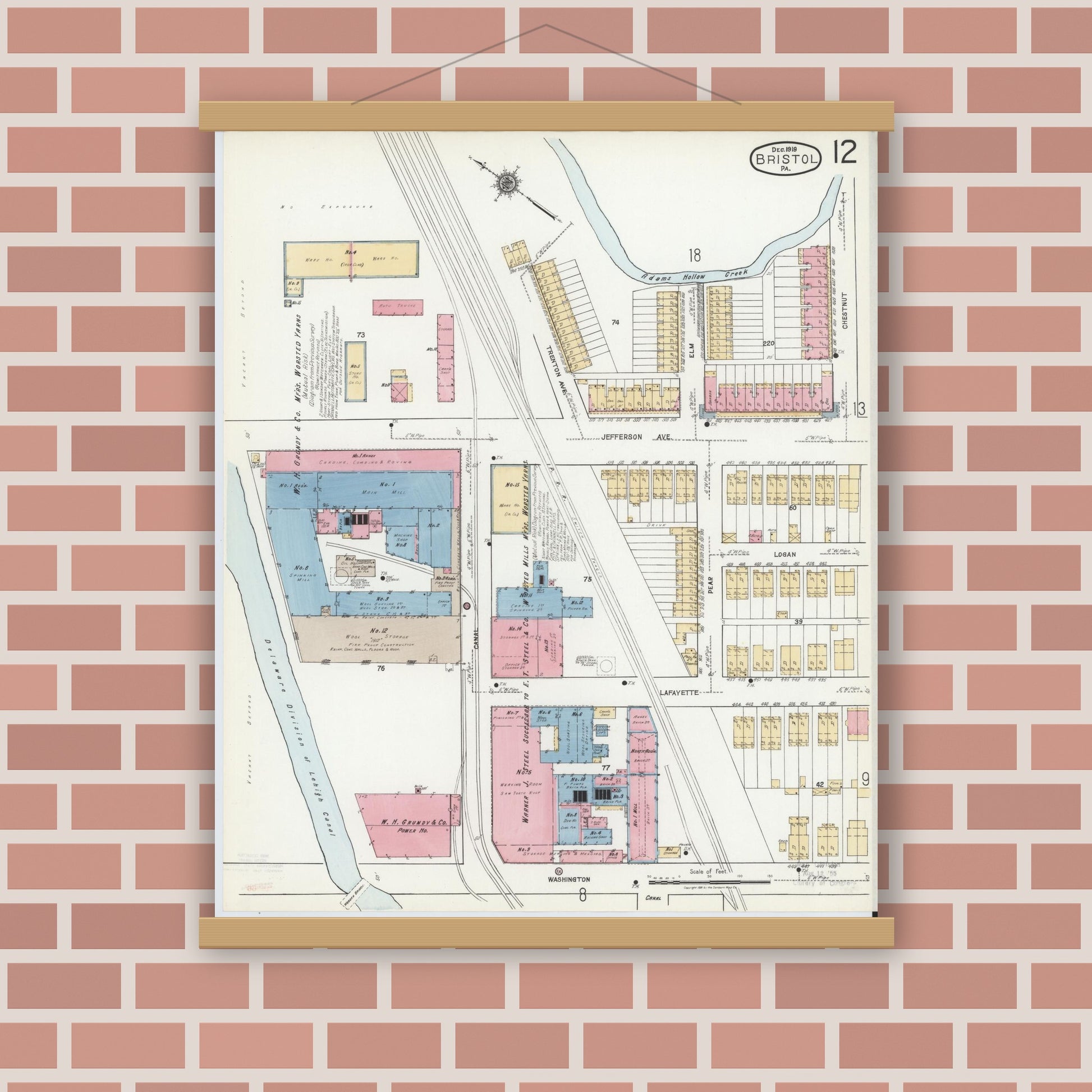 Old map wall art mockup — magnetic wood frame on brick wall — Sanborn Fire Insurance Map from Bristol, Bucks County, Pennsylvania (1927), Sheet #0012