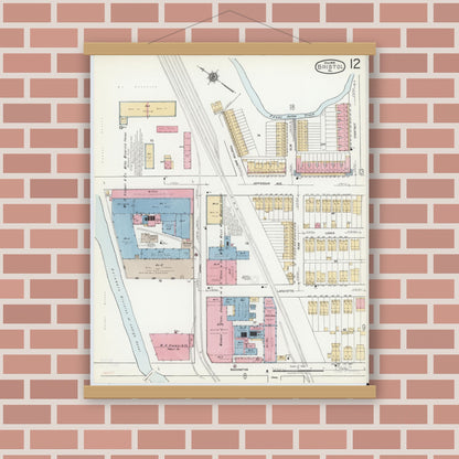 Old map wall art mockup — magnetic wood frame on brick wall — Sanborn Fire Insurance Map from Bristol, Bucks County, Pennsylvania (1927), Sheet #0012