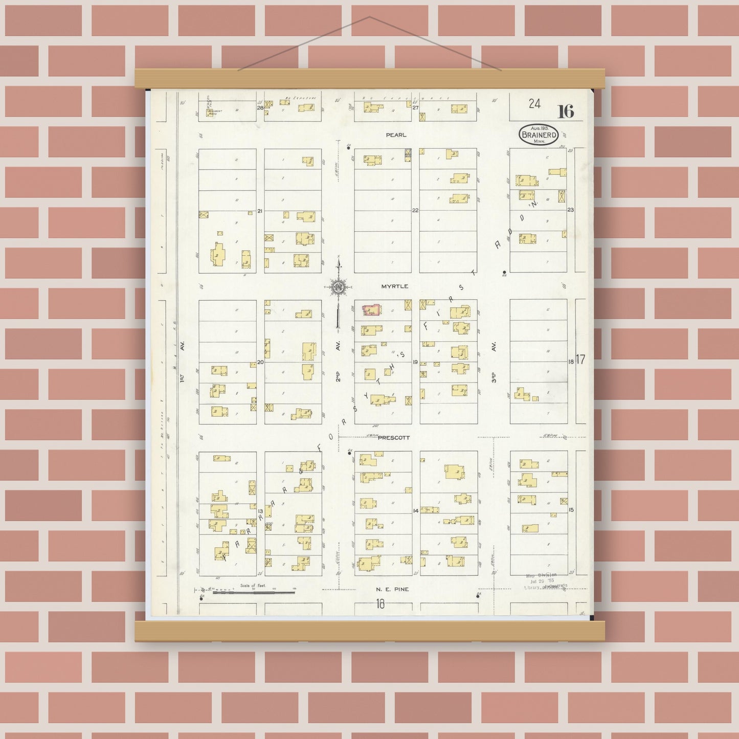 Old map wall art mockup — magnetic wood frame on brick wall — Sanborn Fire Insurance Map from Brainerd, Crow Wing County, Minnesota (1913), Sheet #0016