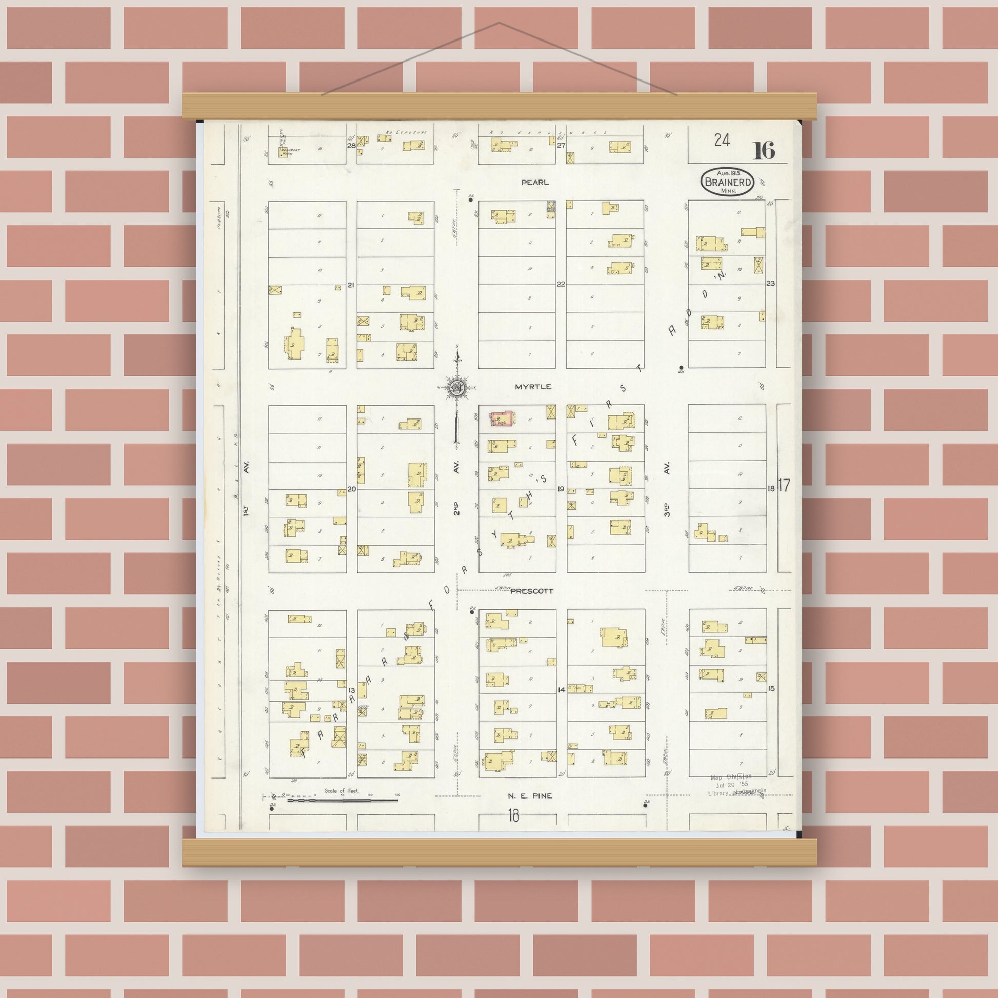 Old map wall art mockup — magnetic wood frame on brick wall — Sanborn Fire Insurance Map from Brainerd, Crow Wing County, Minnesota (1913), Sheet #0016