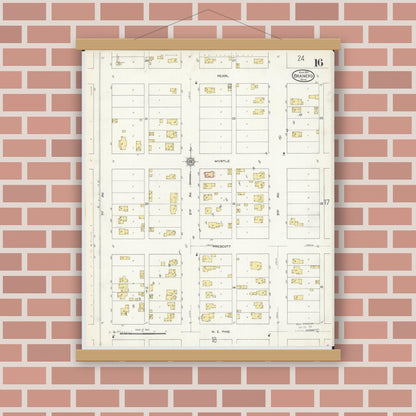 Old map wall art mockup — magnetic wood frame on brick wall — Sanborn Fire Insurance Map from Brainerd, Crow Wing County, Minnesota (1913), Sheet #0016