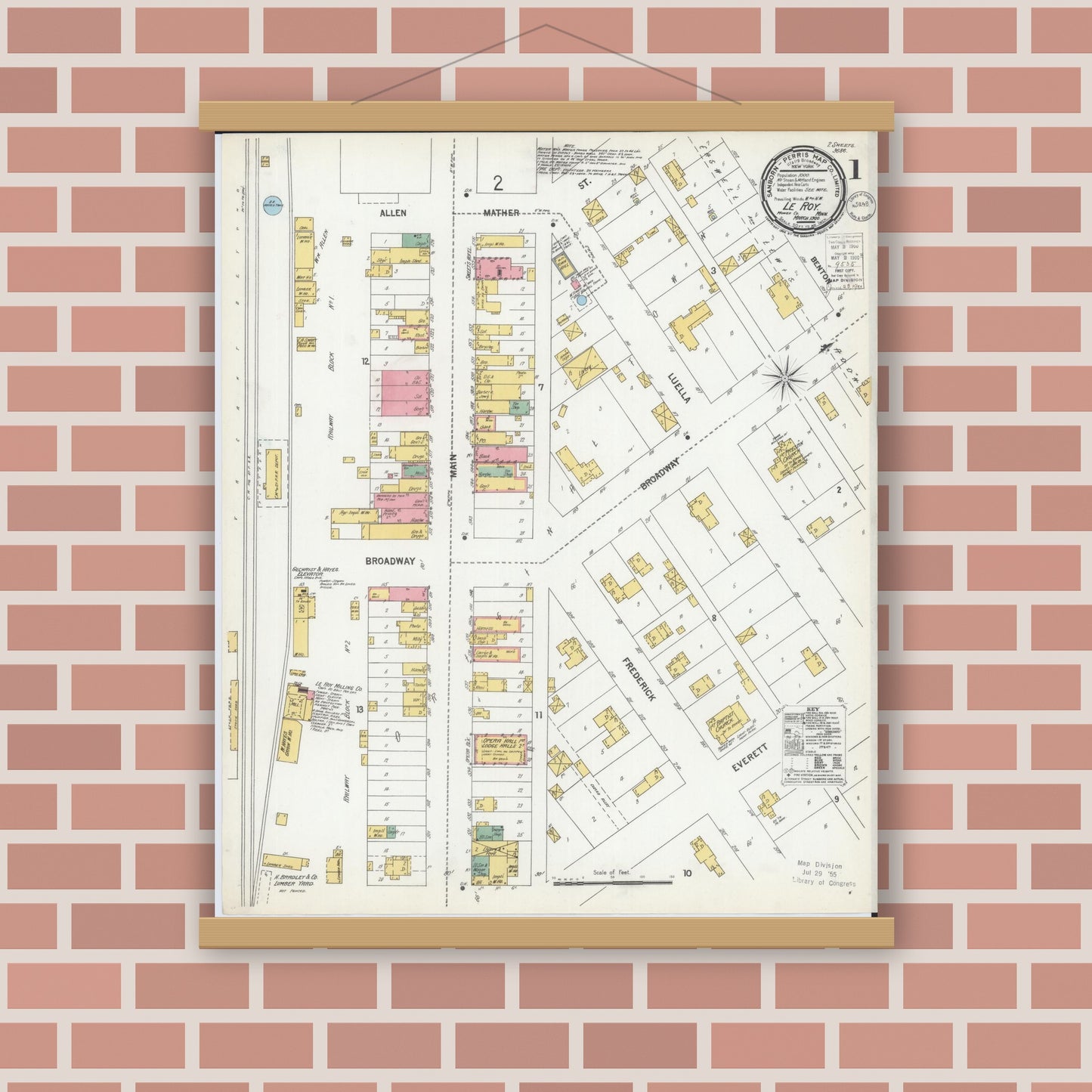 Old map wall art mockup — magnetic wood frame on brick wall — Sanborn Fire Insurance Map from Le Roy, Mower County, Minnesota (1900), Sheet #0001