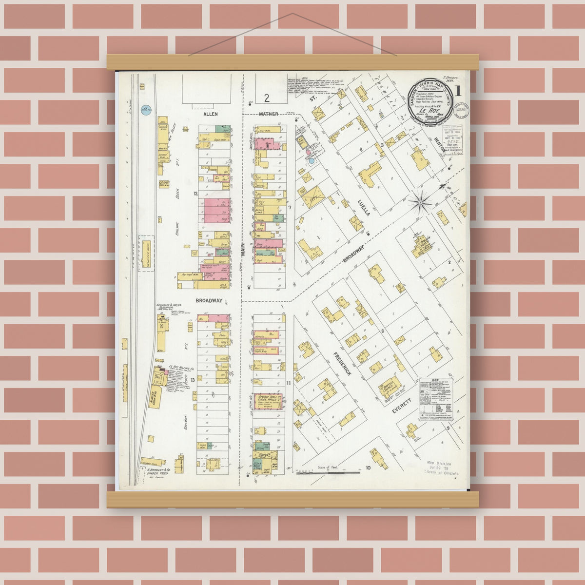 Old map wall art mockup — magnetic wood frame on brick wall — Sanborn Fire Insurance Map from Le Roy, Mower County, Minnesota (1900), Sheet #0001