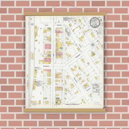 Old map wall art mockup — magnetic wood frame on brick wall — Sanborn Fire Insurance Map from Le Roy, Mower County, Minnesota (1900), Sheet #0001