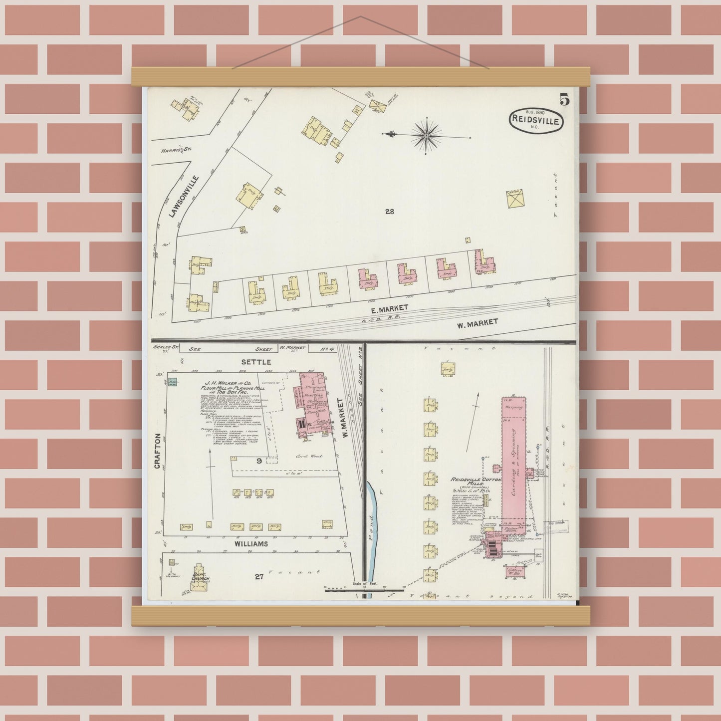 Old map wall art mockup — magnetic wood frame on brick wall — Sanborn Fire Insurance Map from Reidsville, Rockingham County, North Carolina (1890), Sheet #0005
