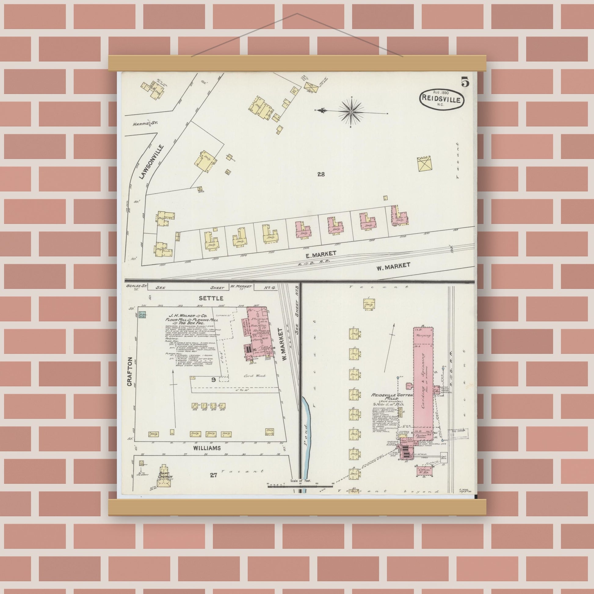 Old map wall art mockup — magnetic wood frame on brick wall — Sanborn Fire Insurance Map from Reidsville, Rockingham County, North Carolina (1890), Sheet #0005