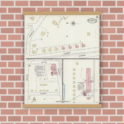 Old map wall art mockup — magnetic wood frame on brick wall — Sanborn Fire Insurance Map from Reidsville, Rockingham County, North Carolina (1890), Sheet #0005