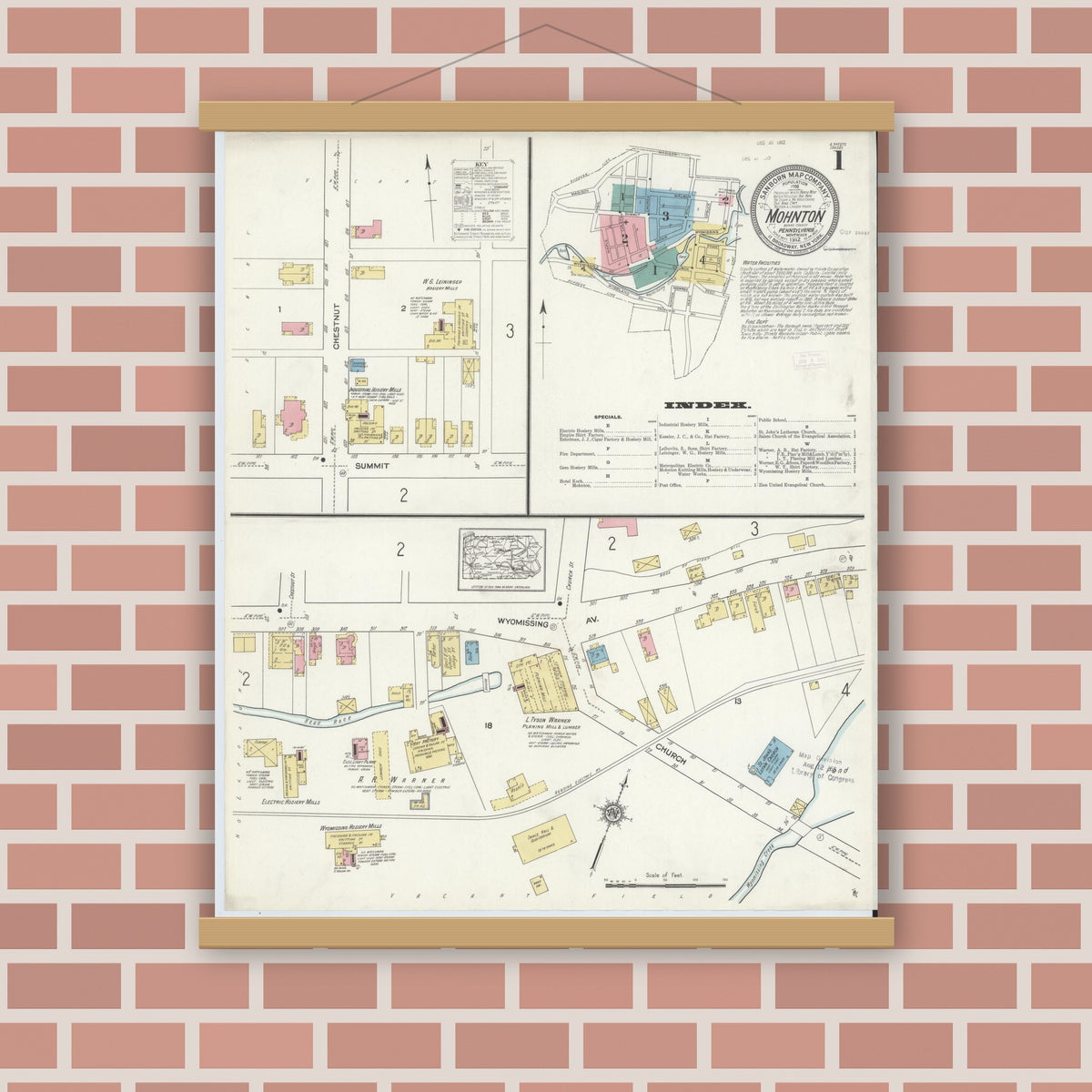 Old map wall art mockup — magnetic wood frame on brick wall — Sanborn Fire Insurance Map from Mohnton, Berks County, Pennsylvania (1912), Sheet #0001