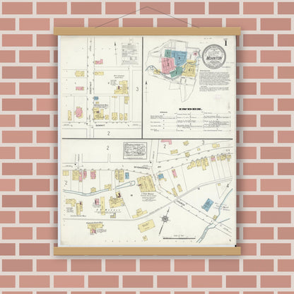 Old map wall art mockup — magnetic wood frame on brick wall — Sanborn Fire Insurance Map from Mohnton, Berks County, Pennsylvania (1912), Sheet #0001