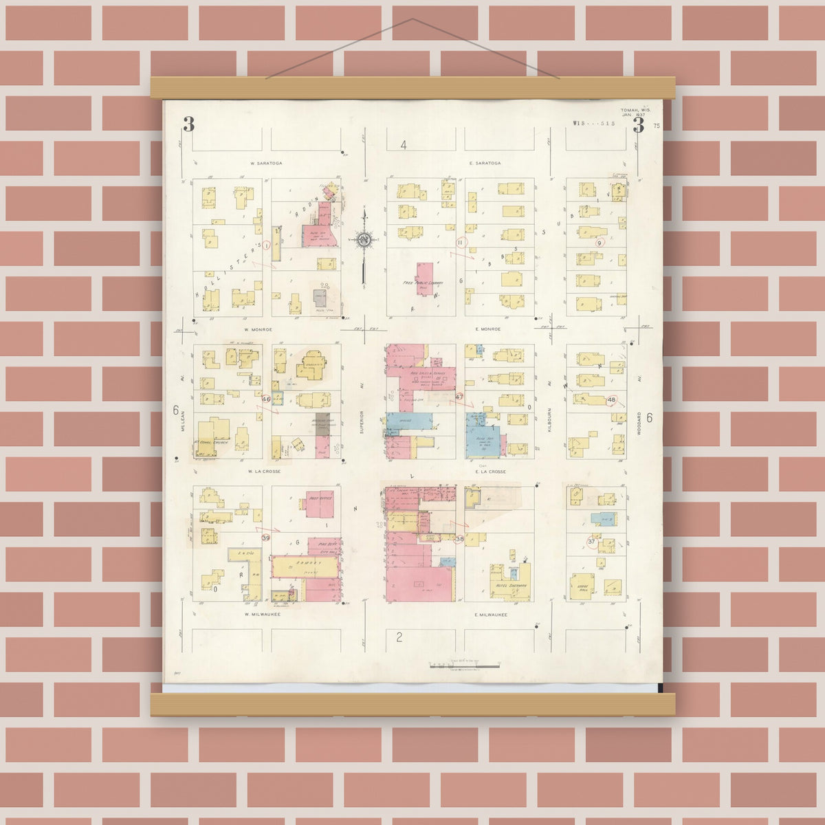 Old map wall art mockup — magnetic wood frame on brick wall — Sanborn Fire Insurance Map from Tomah, Monroe County, Wisconsin (1944), Sheet #0003