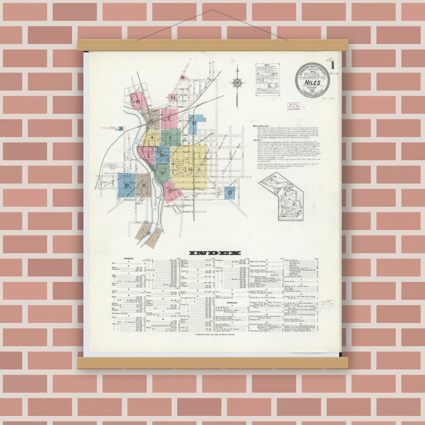 Old map wall art mockup — magnetic wood frame on brick wall — Sanborn Fire Insurance Map from Niles, Berrien County, Michigan (1914), Sheet #0001